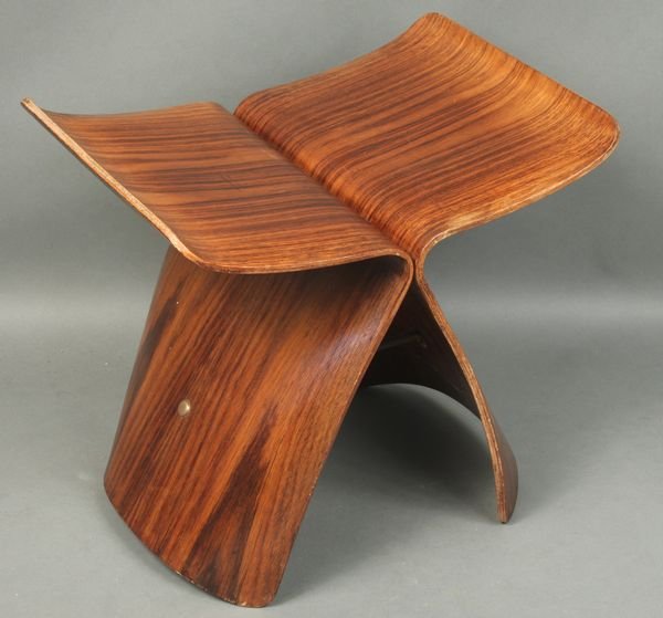 C1950s Sori Yanagi Rosewood Butterfly Stool: Circa 1950s Sori Yanagi rosewood butterfly stool with brass hardware, manufactured by Tendo Mokko, Japan, 14 1/2"h. x 16 3/4"w. x 12"d. Surface scratches to seat; one minor chip to one top corner.