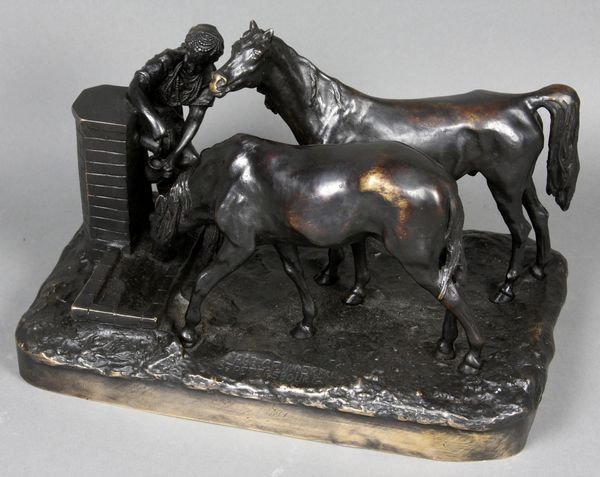 Bronze Sculpture, Horses & Girl, C.F. Woerffel: Bronze sculpture of horses and girl at well, marked "C.F. Woerffel, St. Petersburg" and with markings in Cyrillic, 7"h. x 9"w. x 5 1/2"d. Good condition.