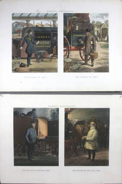 (2) "Fores's Contrasts", Henry Alken, Aquatint: Two (2) works, "Fores's Contrasts" from Henry Alken, "The Guard of 1852/1832", engraved by J. Harris, aquatint, and "The Driver of the Mail 1852/1832", both 16" x 22", unframed. Some chips to edges.