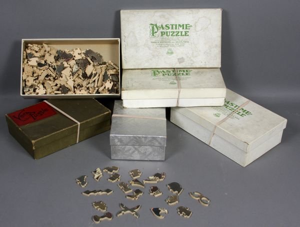 Group of (5) C1930s Handcut Wood Puzzles: Group of five (5) circa 1930s handcut wood puzzles, (3) "Pastime Puzzles" by Parker Brothers, (1) Vera picture puzzle, (1) unmarked. Some custom made for R.T. Paine. Good condition; all pieces present