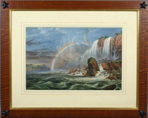 19th C. Litho of Niagra Falls in Tiger Maple Fram: 19th Century chromolithograph of Niagra Falls, 11 1/2" x 17 1/2", in tiger maple frame 22" x 27". Good condition.