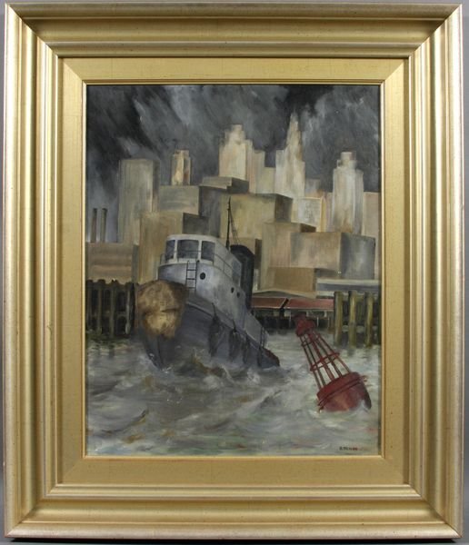 R. Scales, Tug Boat in New York Harbor, o/c: R. Scales, tug boat in New York Harbor, o/c, (WPA), signed LR, 19" x 15 1/2", in frame 28" x 23 1/2". Good condition.