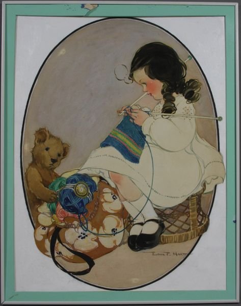 Edna F. Hart, Children's Scene, w/c and paint: Edna F. Hart (American, 20th Century), children's scene, w/c and paint on board, signed LR, image 22 3/4" x 17 1/2", in frame 25" x 19 3/4". Damage to mat; minor surface damage.