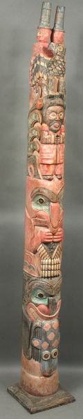 20th Century Carved and Painted Totem Pole: 20th Century carved and painted totem pole, 71"h. x 9 1/2"w. x 9 1/2"d.