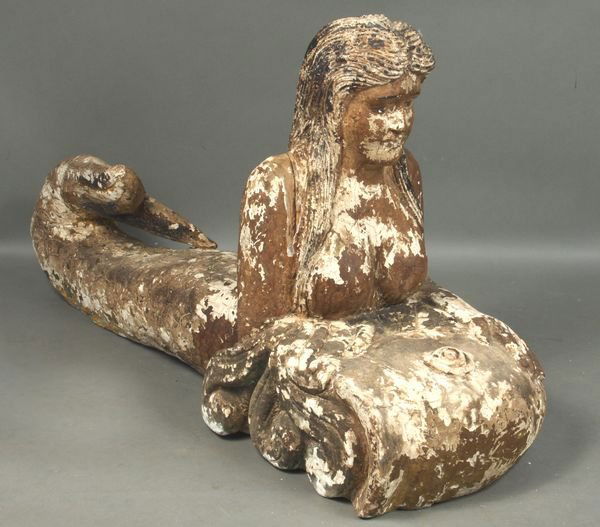 Old Carved and Painted Wood Ship's Mermaid: Old carved and painted wood ship's mermaid, 44"l. x 15"h. Paint loss.