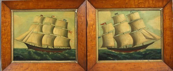 (2) Oils on Panel of British Clipper Ships at Sai: Two (2) oils on panel of British clipper ships under full sail, images 11 1/4" x 13 3/4", in birdseye maple frames 13 3/8" x 17". Good condition.