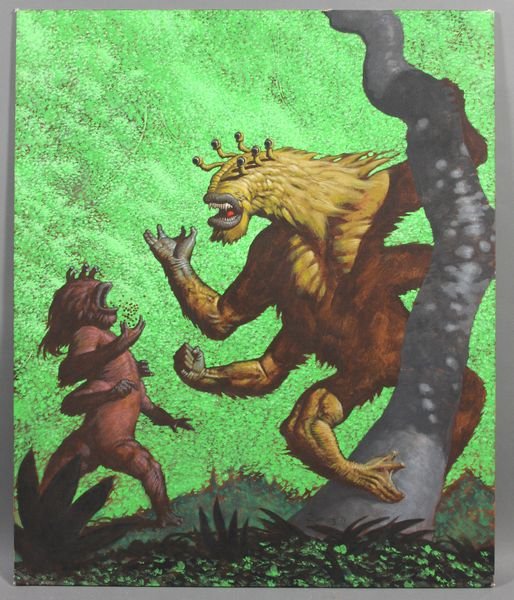 Larry Blamire Original Art, Aboriginal Sci-Fi Mag: Larry Blamire, original artwork for "Aboriginal Science Fiction" magazine, acrylic paint on artist board, signed LC, dated '91, 24" x 20", unframed. Good condition.