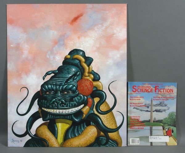 Larry Blamire, Art & Copy, Aboriginal Sci-Fi Mag: Larry Blamire, original cover art for and one copy of "Aboriginal Science Fiction" magazine, Sept., 1989, acrylic on artist board, signed LR, dated '89, 20" x 24". Good condition.