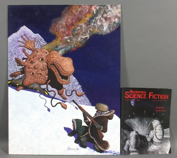 Larry Blamire, Art & Copy, Aboriginal Sci-Fi Mag: Larry Blamire, original cover art for and one copy of "Aboriginal Science Fiction" magazine, April, 1988, acrylic on artist board, signed LC, dated '88, 18" x 24". Good condition.