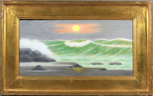 Signed Sidney Taber, Beach Scene, o/c: Sidney Taber, beach scene, o/c, signed LR, 11 1/2" x 23 1/2", in frame 19 1/2" x 31". Good condition.