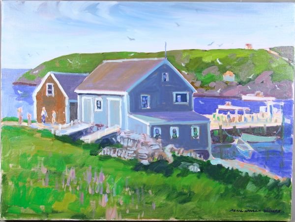 Paul Noble James, Monhegan Landing, o/linen: Paul Noble James (American, b.1927), "Boat Landing, Monhegan Island", oil on linen, signed LR, 18" x 24". Good condition.
