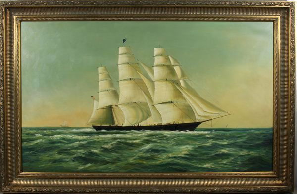 Large Oil on Canvas, China Trade Style Clipper: Large oil on canvas of a China trade style clipper ship portrait. Mounted into a wood and gesso frame painted gold. On sight 30” x 50”. Over all 37” x 57”.