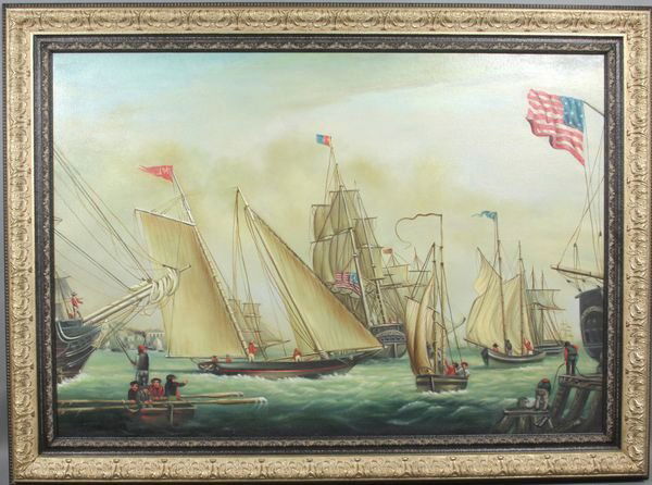 R. Holland, Boston Harbor, o/c: Oil on canvas painting of Boston Harbor. Modeled after a famous painting by Fitz Henry Lane. This painting shows a vibrant harbor activity. Signed lower right R. Holland. On sight 27 1/2" x 40". Overa