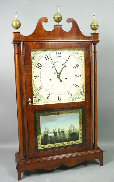 Eli Terry Style Mahogany Pillar & Scroll Clock: Eli Terry style mahogany pillar & scroll clock, electrified, having hand painted tablets