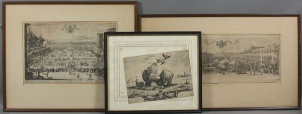 (3) 18/19th C. Jacques Collet Engravings: Jacques Collet (French, 17th Century), group of three (3) 18th/19th Century engravings, verso of one referring to Russell catalog #240, largest 8" x 20", in frame 16 1/2" x 27 1/2", all under glass. S