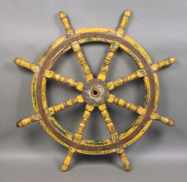 19th Century Walnut Ship's Wheel in Yellow: 19th Century walnut ship's wheel in old yellow paint, 40"dia. Good condition.