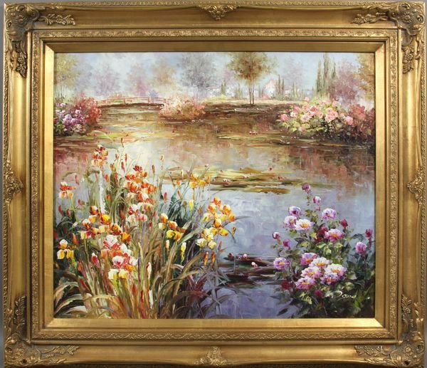 Lily Pond with Iris and Bridge, o/c, signed: Lily pond with iris and bridge, o/c, signed indistinctly LR, 20" x 24", in frame 27" x 31".