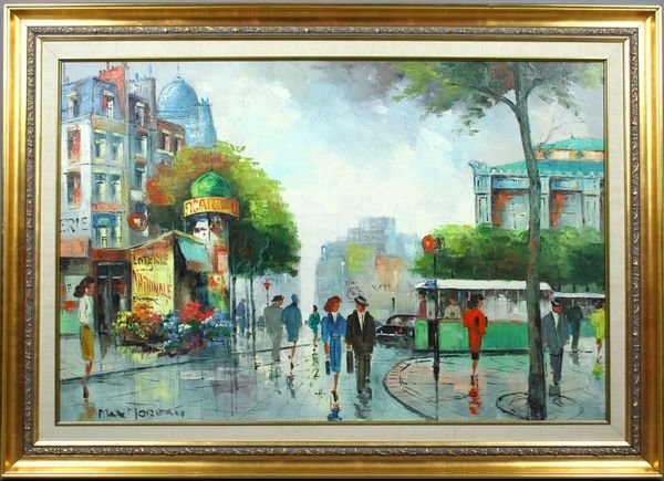 Signed Max Moreau, Paris Steet Scene, o/c: Max Moreau (Belgian, 1902-1992), Paris Street Scene, o/c, 24" x 36", framed 31 1/2" x 43 1/2", signed LL. Two small punctures LR.