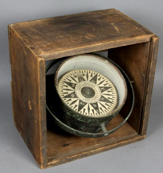 19th C. Box Compass by Duren & Medinger, NY: 19th Century box compass by Duren & Medinger of 21 Burlingslip, N.Y. Compass card is dry, and is in very good condition. The dove tail box is old and missing a top but is very well made. Compass is 5 