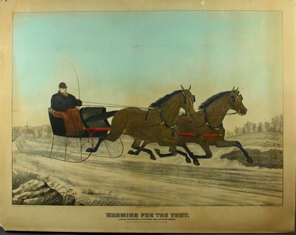 19th C. Chromolitho, "Warming For The Trot": 19th Century chromolithograph on paper, "Warming For The Trot, Team Owned by C.D. West, Esq., Boston, Mass., From the Original Painting by Scott Leighton", published by Haskell & Allen, 1877, image 18