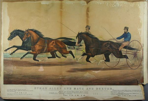 19th C. Print "Ethan Allen and Mate and Dexter": 19th Century print, "Ethan Allen and Mate and Dexter", published by Currier & Ives, after a drawing by J. Cameron, image 17" x 27 3/8", sheet 19 3/4" x 28 7/8", mounted on mat board. Upper margin miss
