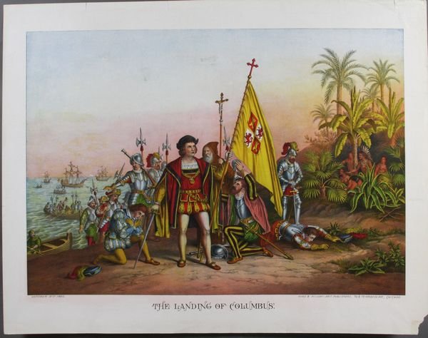 20th C. Chromolitho, The Landing of Columbus: Early 20th Century chromolithograph on paper, "The Landing of Columbus", published by Kurz & Allison, image 17 1/2" x 25", sheet 22" x 28".