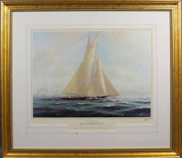 Tim Thompson, "The Paintings of the America's Cup: Framed lithograph by noted marine artist Tim Thompson from the series "The Paintings of the America's Cup". Endeavour II and Rainbow are shown in a race. Matted and framed. 30" tall x 34" wide. Good c