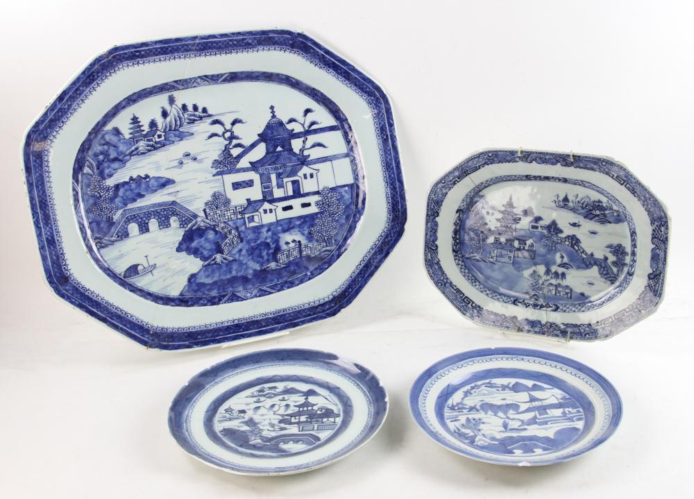 Four Canton China Items: Canton China, four items to include: one plate 19 1/2" x 16", a small planter 12 3/4" x 19 3/4", and two plates. PLEASE NOTE: all with damage and one with staples repairs. Provenance: Hampton Falls, N