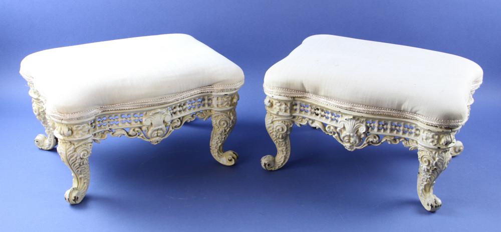 Pair of Victorian Cast Iron Stools: Pair of Victorian cast iron stools, 8" x 14" x 11".
