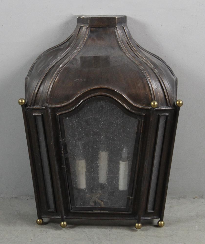 Mansard Style French Iron and Brass Light Fixture: French iron and brass light fixture, Mansard style, 24" H x 18" W x 10"