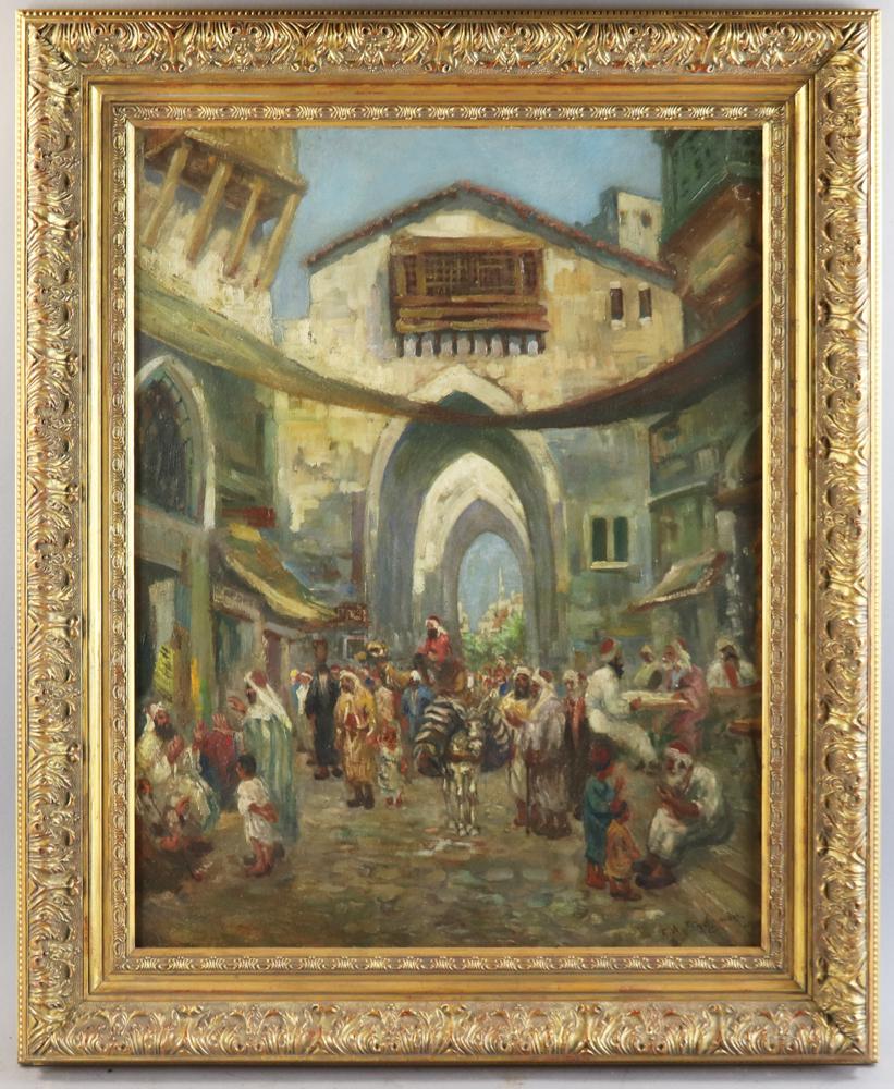 In the Manner of Fredric Bridgman, Oriental Market: A painting in the manner of Fredric Arthur Bridgman (American, 1847-1928), oriental market street scene, oil on canvas, signed, 32 1/2" x 26 1/4" framed. Provenance: estate of an important collector,