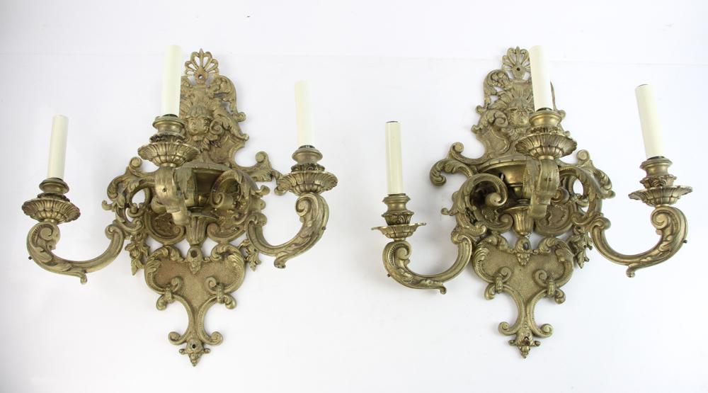 Antique Italian Baroque Bronze Sconces: Three antique Italian Baroque-style bronze light sconces, 20" x 17". Provenance: Cheatum Estate Tranquility