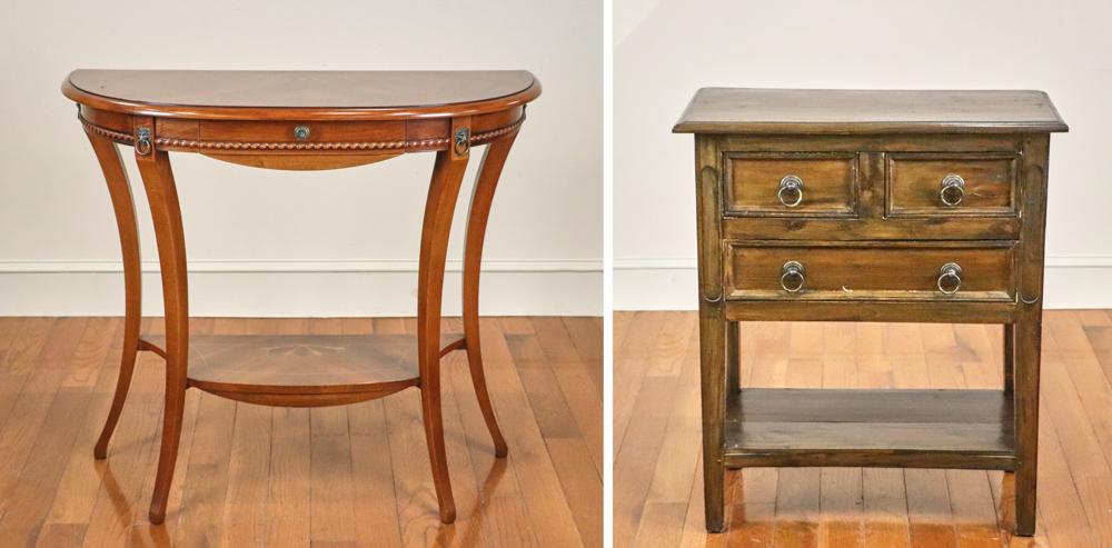 Demilune Side Table and 3-Drawer Stand: Single-drawer demilune side table with inlay, 31 1/2" H x 35 1/2" W x 16" D, and three-drawer stand with pegged construction, 31 1/2" H x 25 1/2" W x 13 1/2" D. Provenance: Fort Lauderdale, FL.