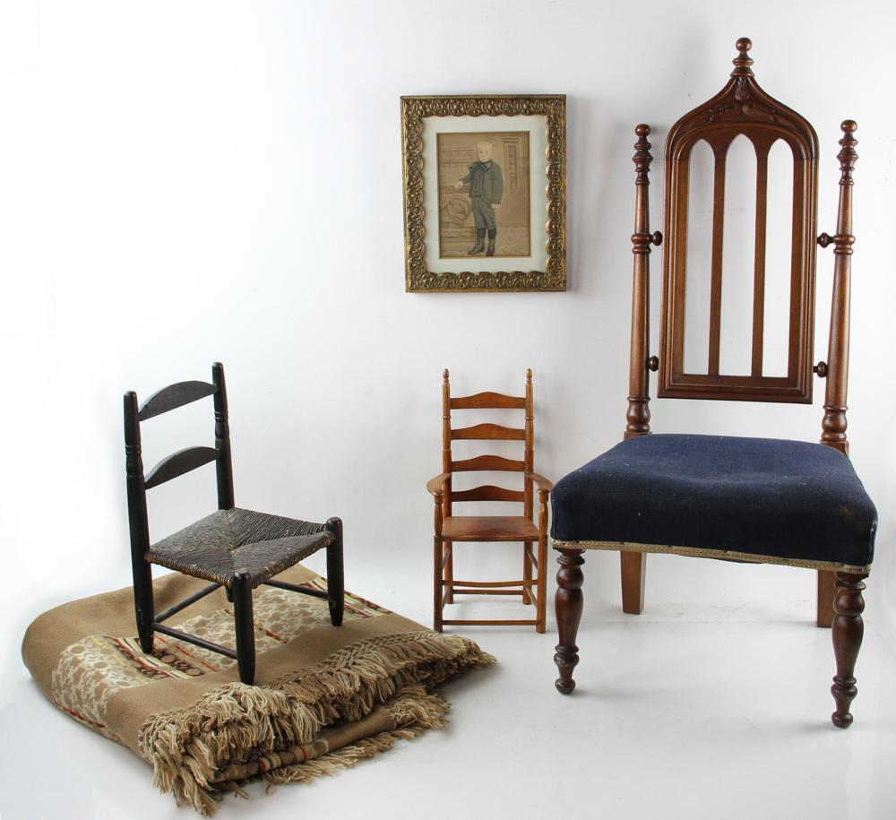 Antique Chairs, steamer blanket and watercolor of a: Antique Chairs, steamer blanket and watercolor of a boy, 5 total Provenance: Amherst, NH.