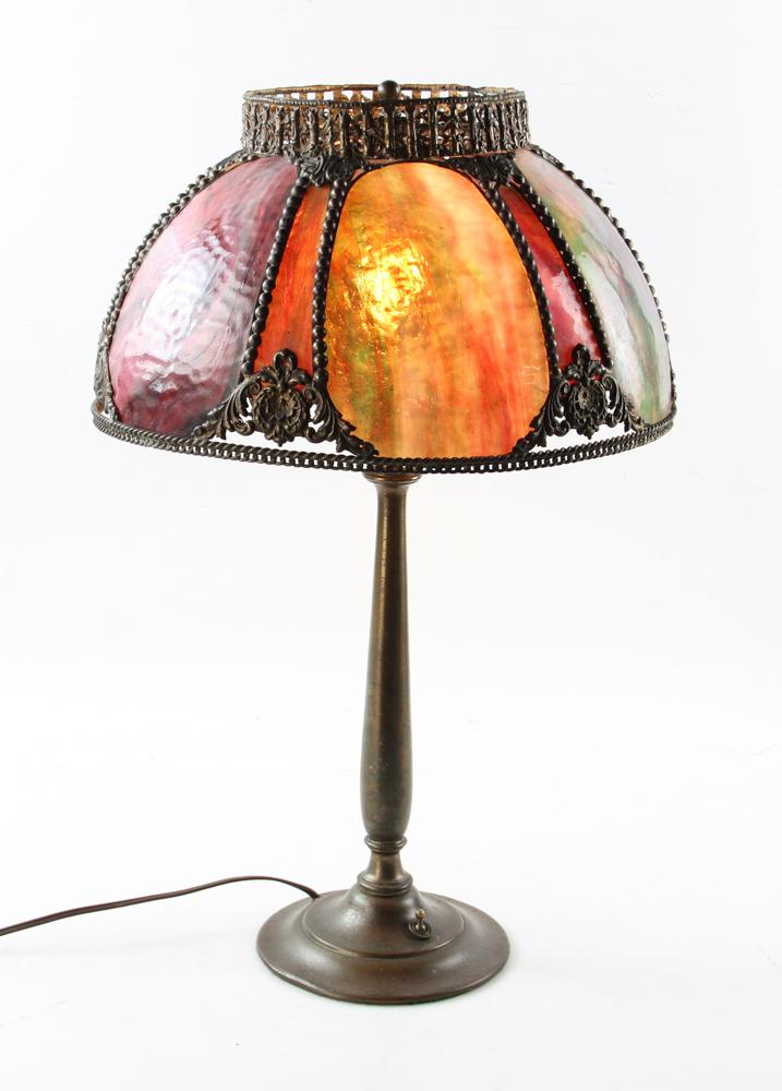 Brass Colored Lamp with Slag Glass Shade: Brass colored lamp with slag glass shade. Provenance: Cape Elliott, Maryland estate.