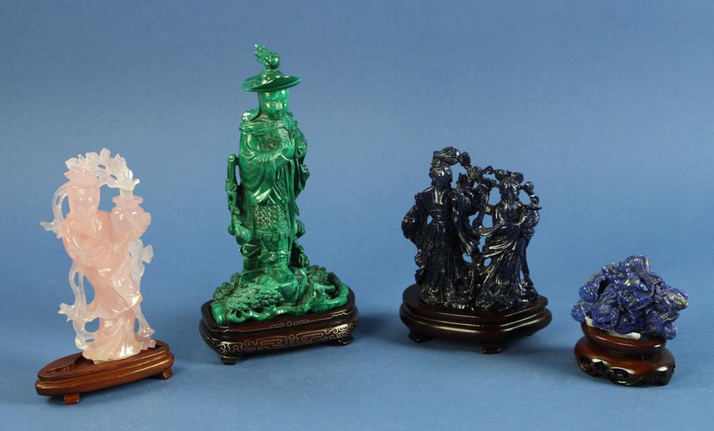 Collection of Asian Carved Figures: Collection of Asian carved figures to include malachite, rose quartz and lapis, four (4) total, 8" H. Provenance: Estate of Norma Szaro, Swampscott, MA.