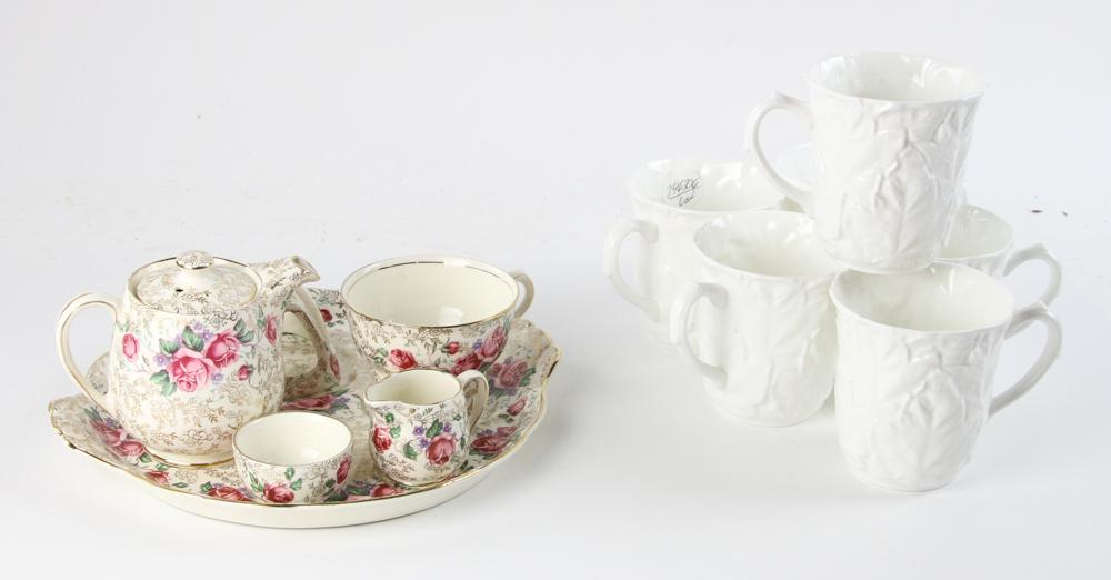 James Kent Ltd London Rambler Rose Tea Set: James Kent Ltd, London "Rambler Rose" 5021 tea set, with six (6) Horchow cups. Provenance: From a Los Angeles, California estate.