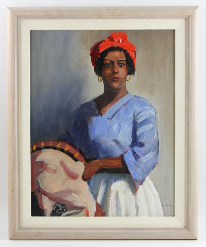 Portrait of Black Domestic by E. Aaron: Portrait of black domestic, oil on board, signed E. Aaron, 18" x 14", framed 22" x 18". Provenance: West Palm Beach, Florida estate.