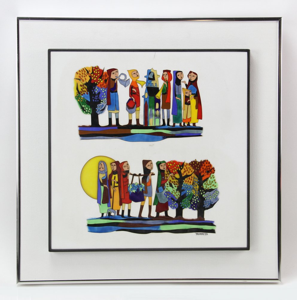 Joseph Trippetti, Harvesters #24, Silver Cloisonne: Joseph Trippetti, "Harvesters" #24, silver cloisonne enamel, 16" x 16" view and 21" x 21" framed.