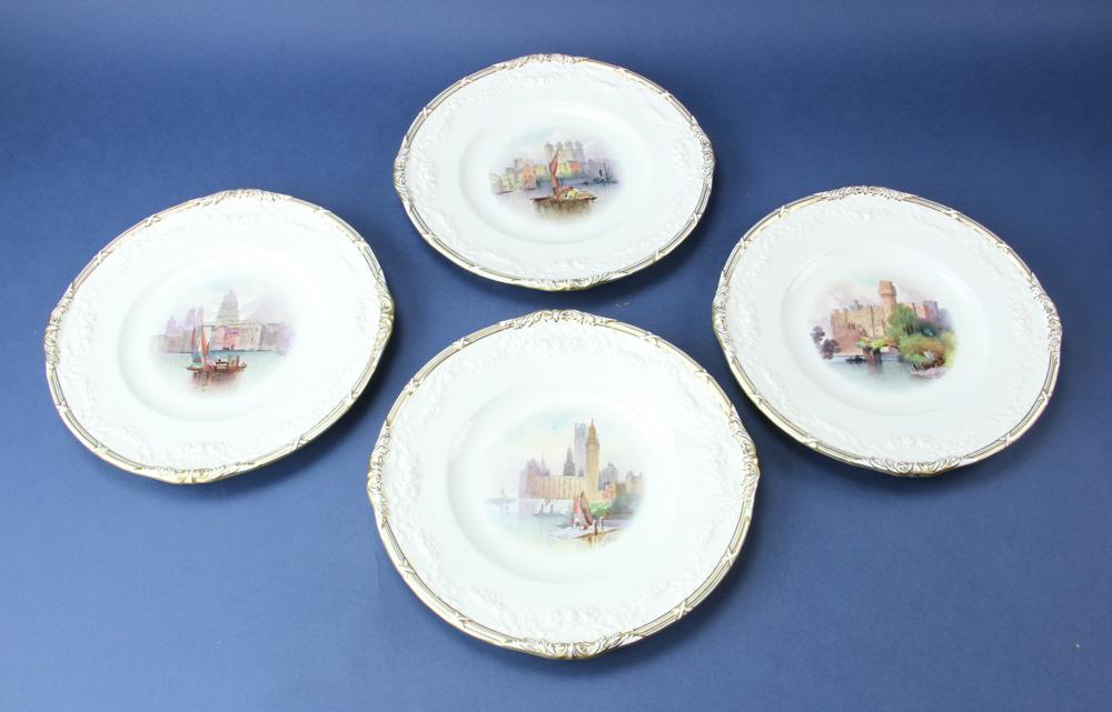 Four Minton Plates, Views of England: Group of (4) Minton plates with hand-painted views of England, signed J. Dean, 10 1/2" diameter. Provenance: Goldman Estate, Marblehead, MA.