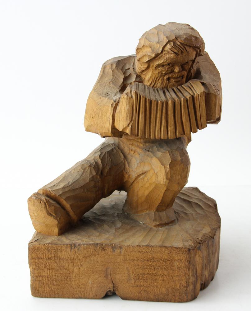 Carl A Goddard Wood Carving of Accordion Musician: Carl A Goddard, Nahant, MA. Wood Carving of accordion musician 14" H x 9" W x 10" D, Provenance: Goldman Estate, Marblehead, MA.