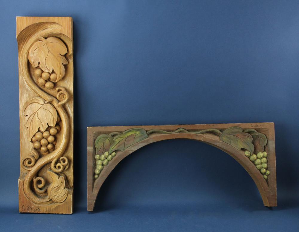 Lot of 2 Carl A Goddard Carved Wooden Reliefs: Lot of (2) to include: Carl A Goddard carved wooden reliefs of grapes. 12"H x 27.5" W and 8 x 28", Provenance: Goldman Estate, Marblehead, MA.