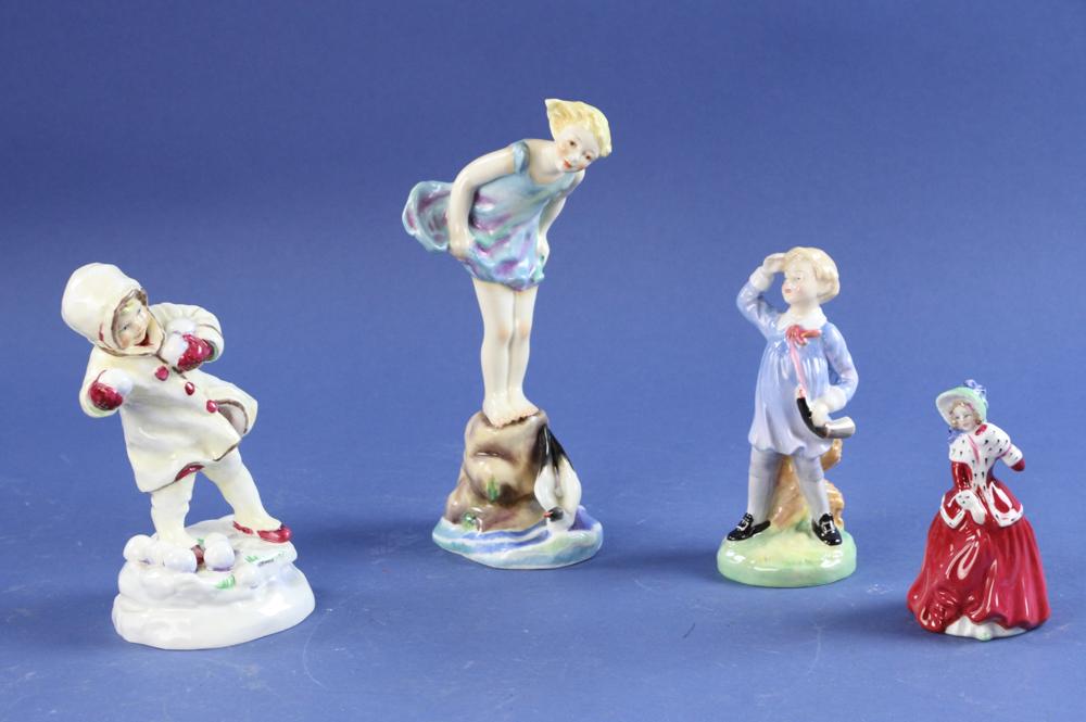 Royal Doulton and Royal Worcester Figures: Group of English porcelain figures, Royal Doulton and Royal Worcester, four (4) pieces total to include Doulton HN2062, HN3212 and Royal Worcester figures titled 'December' and 'Sea Breeze', tallest 8