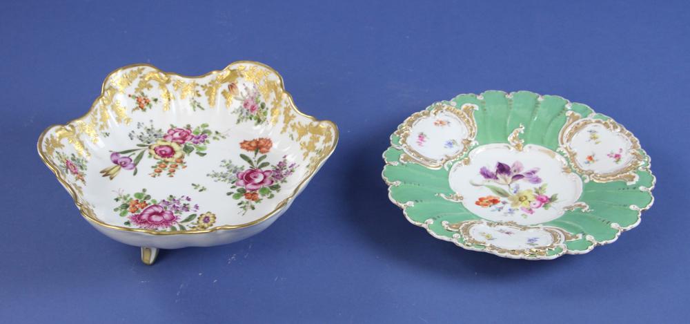 Meissen Porcelain Footed Bowl: Meissen porcelain footed bowl with florals and raised gilt decoration, 3 1/4" H x 9 1/2" diameter, together with Meissen scalloped edge plate, 9" diameter, both with underglaze mark. Provenance: Estat
