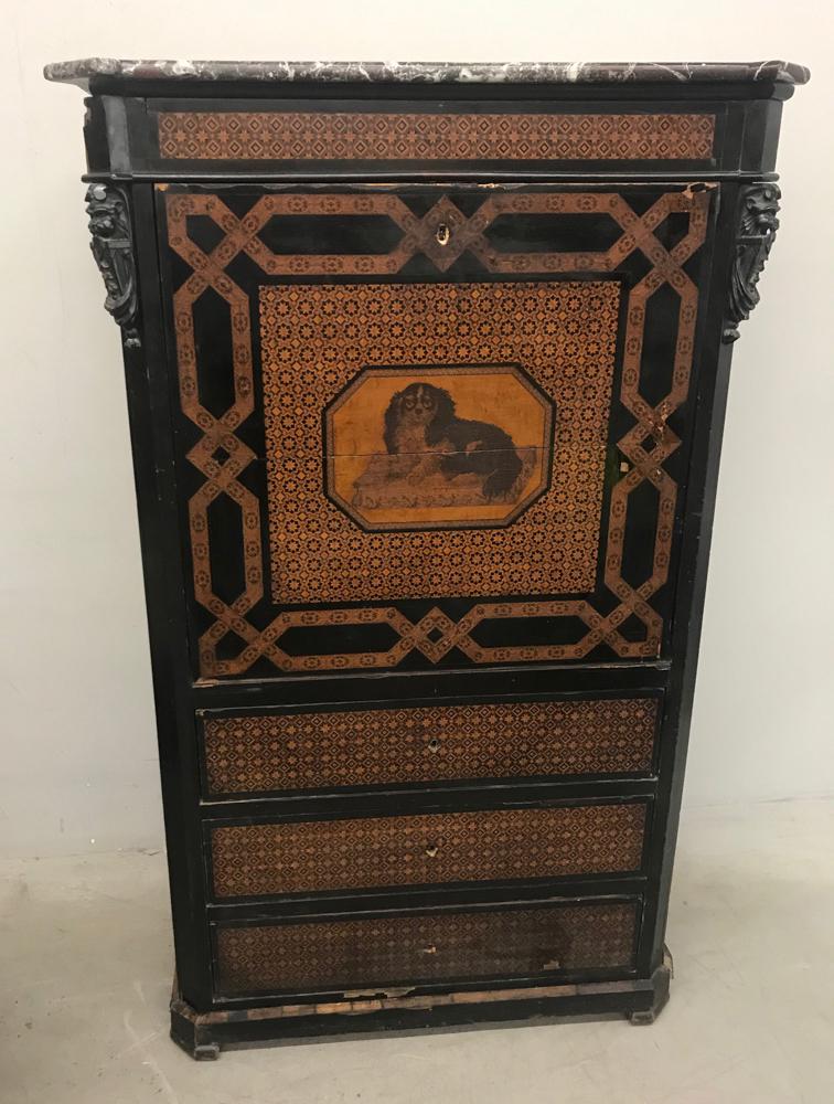Late 18th/Early 19thC Scottish Tall Desk: Late 18th century/early 19th century Scottish inlaid tall desk, having inlay of a dog, 63" H x 37" W x 21" D. Provenance: From a Parisian woman's estate.