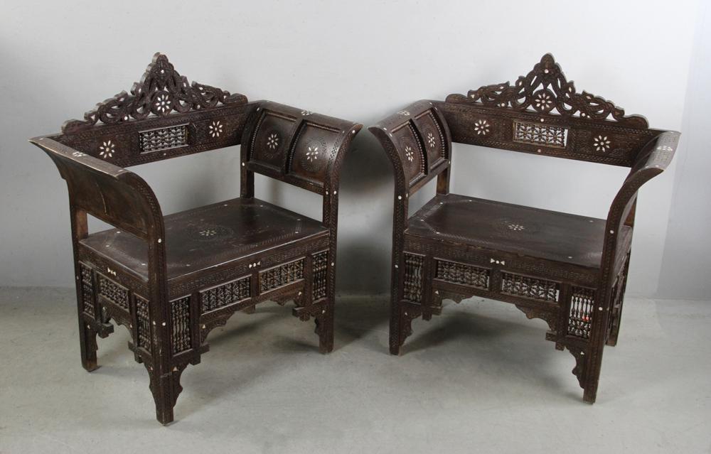 Pair of Antique Syrian Inlaid benches: Pair of Antique Syrian inlaid benches.