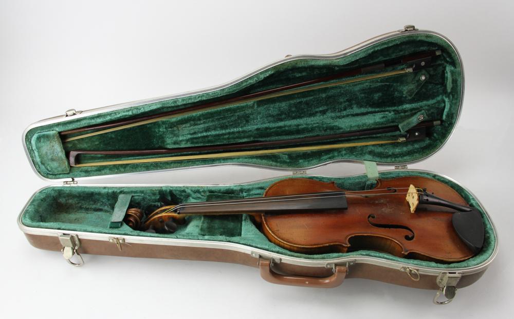 Violin with Case with Two Bows: Violin with case with two bows one signed Karl Hermann, 31" x 10" case size. Provenance: Bevery, MA.