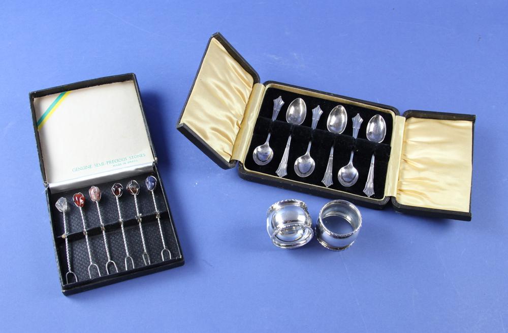 Silver Lot Napkin Rings and Spoons: Silver lot to include: 2 Birmingham sterling napkin rings, set of 6 Brazilian cocktail forks with semi precious stones, set of 6 Edwardian Albany pattern Sheffield 1901 spoons in silver in box, Proven