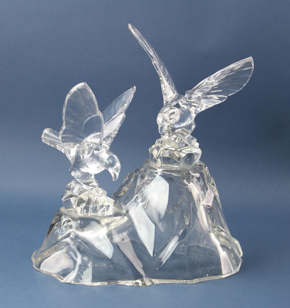 Val Saint Lambert Crystal Double Eagle Sculpture: Val Saint Lambert crystal double eagle glass sculpture, signed, 18" H x 16" x 9" 1/2, Provenance: The estate of Warren "Pete" Musser, chairman of the Musser Group and founder of Safeguard Scientifics.