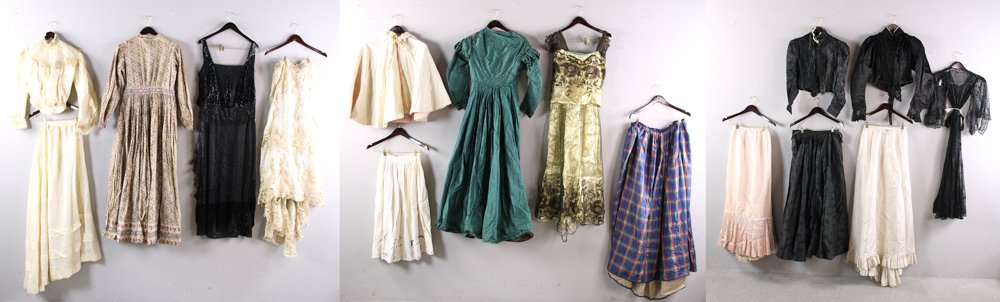 19th/20th Century Women: Late 19th/early 20th century women's skirts, dresses, etc. some designed for wear with a bustle, various fabrics, large storage bin full, as found condition. To benefit a local Massachusetts museum.